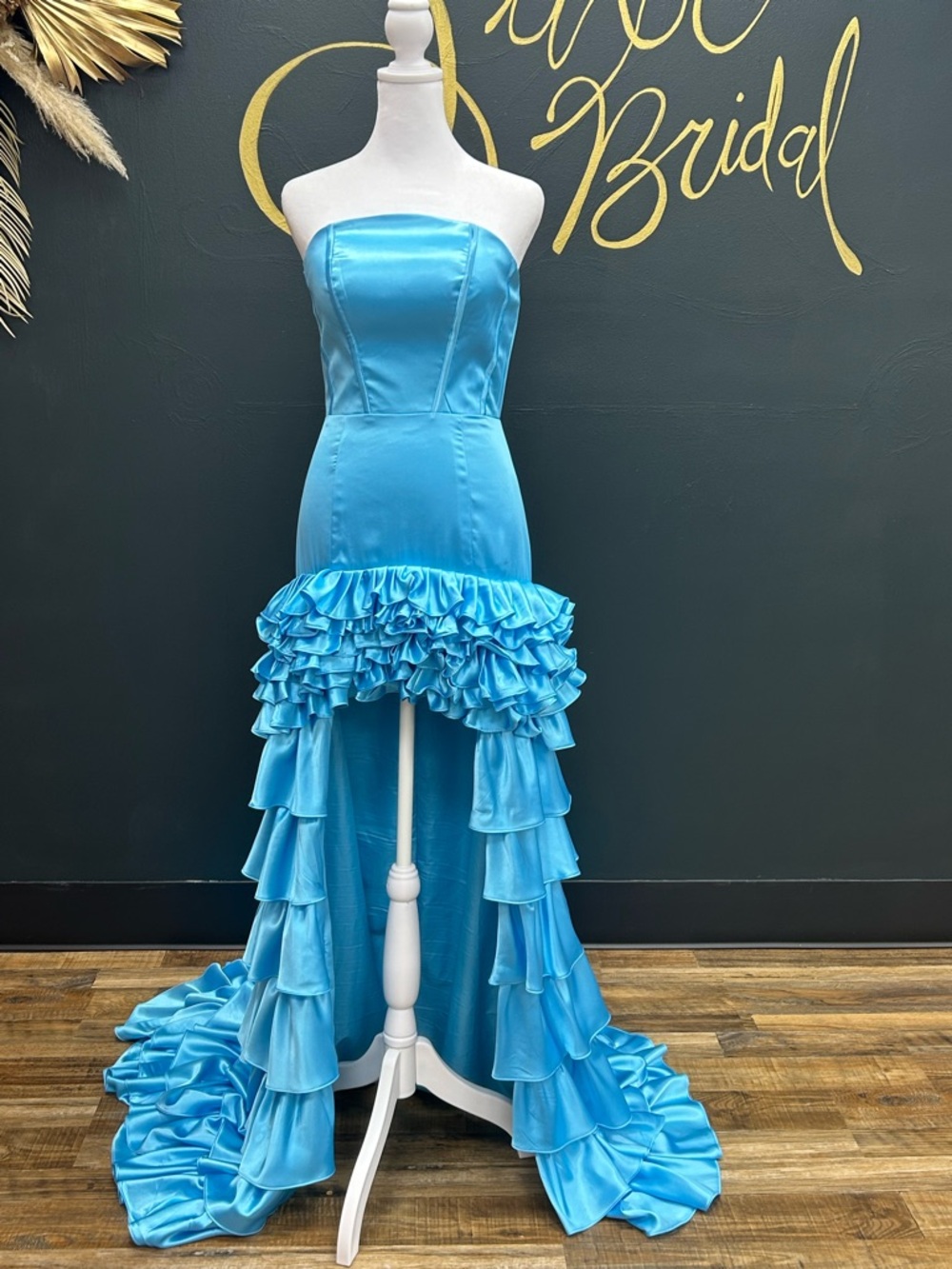 Strapless Ruffled High-Low Satin Dress in Bright Blue